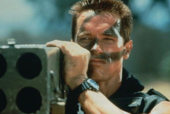 Arnold Schwarzenegger holds a rocket launcher in Commando.