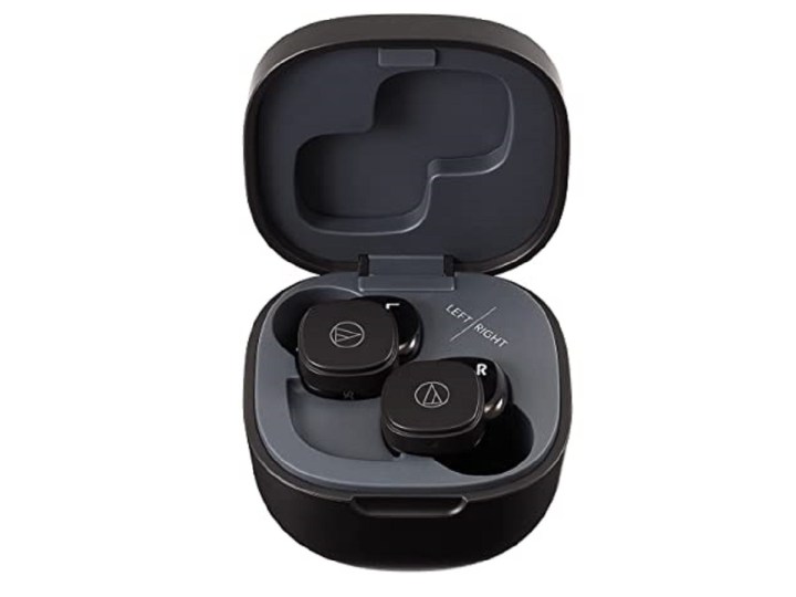 The Audio-Technica SQ1TW wireless earbuds in their charging case.
