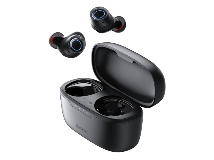 The Baseus Bowie MA10 wireless earbuds and charging lawsuit against a achromatic background.