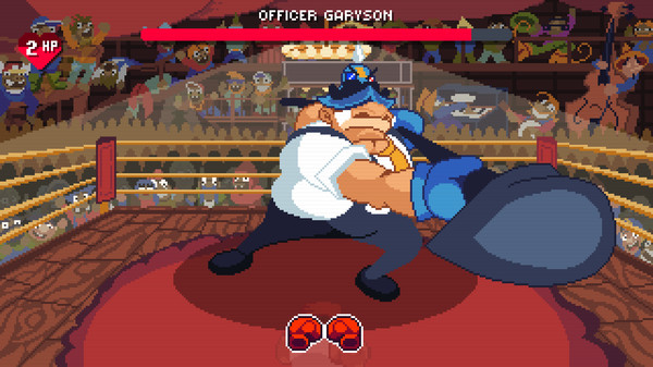 A large cartoonish figure in a white shirt holds stands in a boxing ring, brandishing a shovel towards the player in Big Boy Boxing.