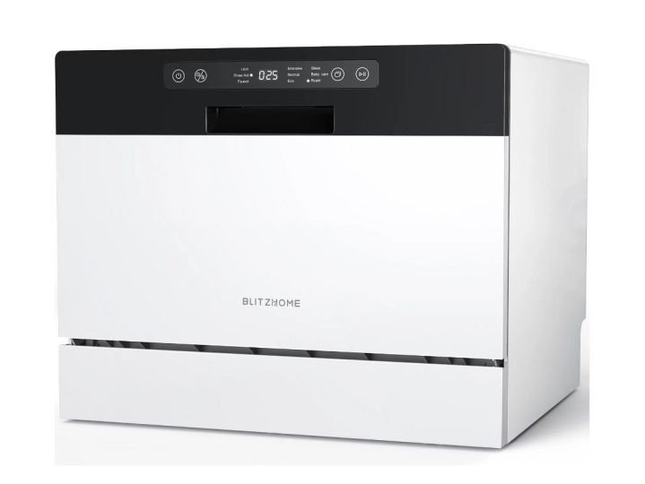 The front of the BlitzHome Countertop Dishwasher, with its digital UI turned on.