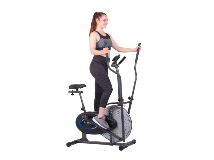A woman working out with the Body Rider 2-in-1 dual trainer against a white background.