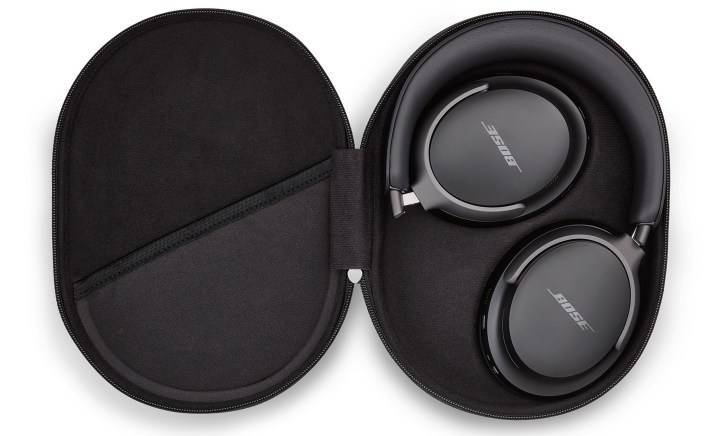 Bose QuietComfort Ultra Headphones in black, seen folded in travel case.
