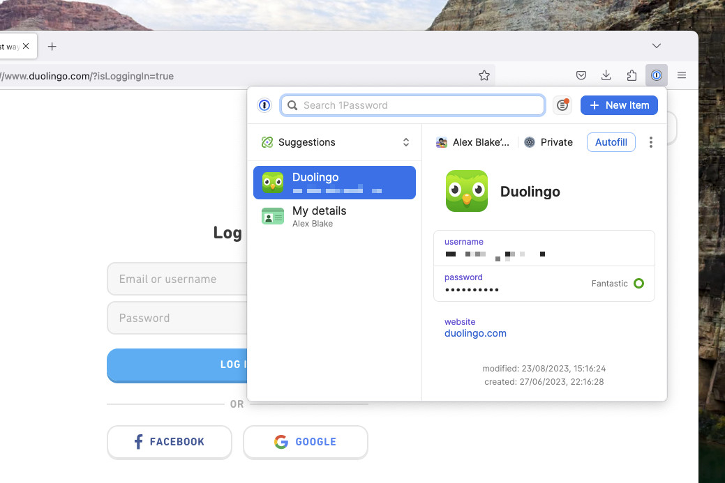 افزونه مرورگر 1Password در فایرفاکس گزینه تکمیل خودکار Duolingo را نشان می دهد.