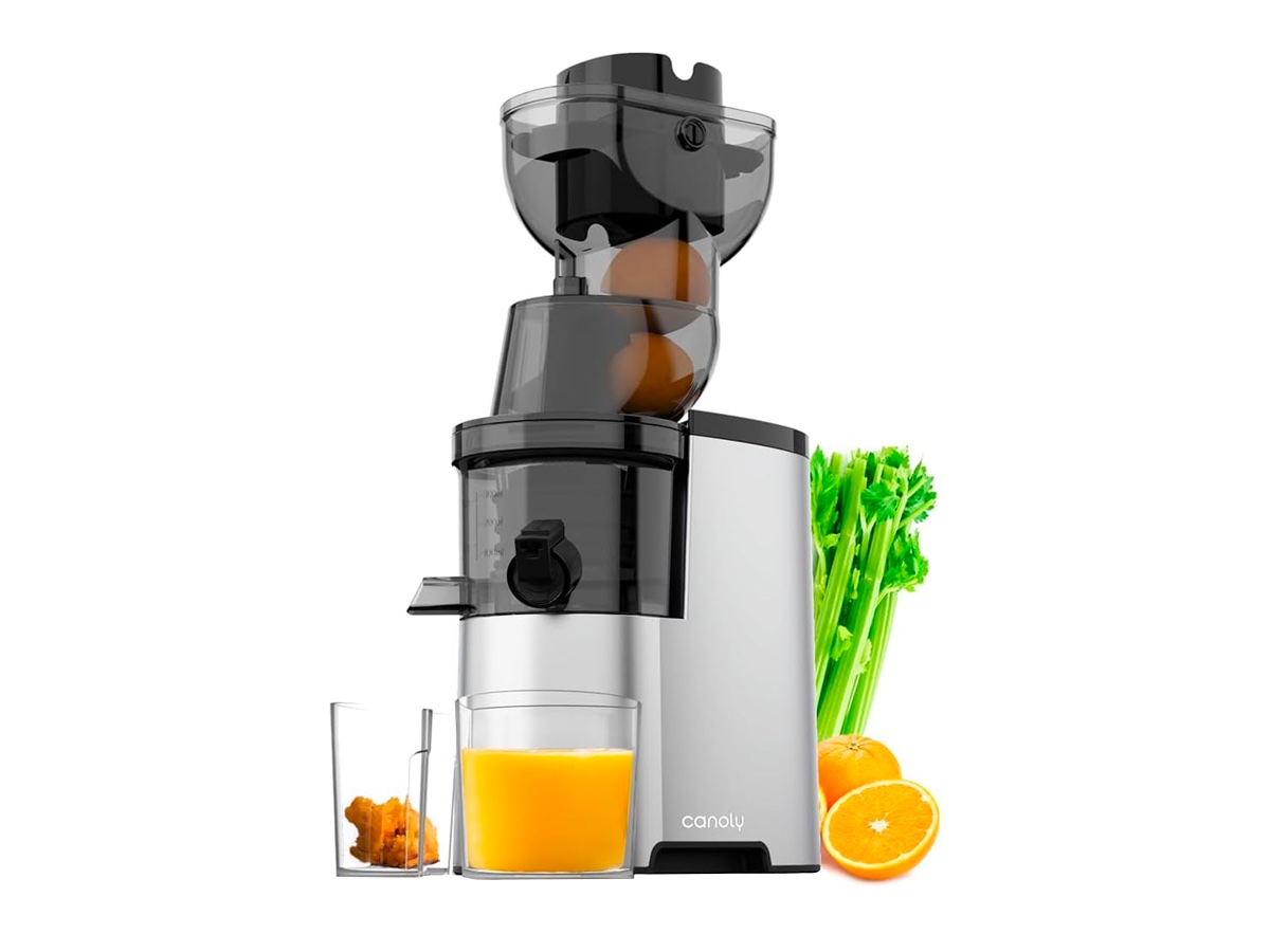 The Canoly masticating juicer with some fruits and vegetables against a white background.