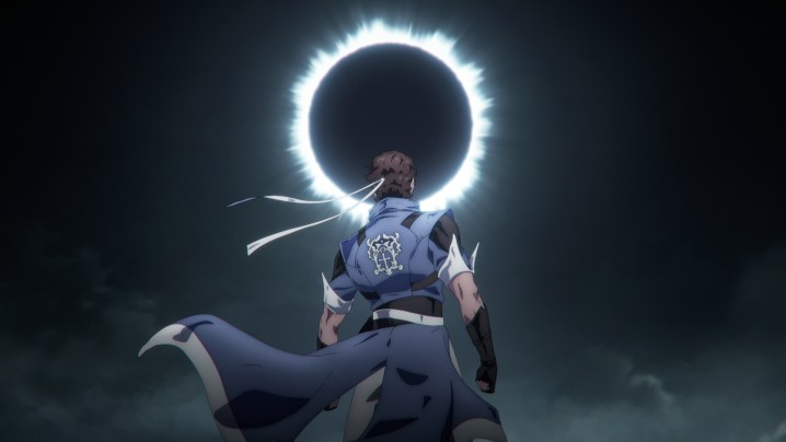 Richter mirando hacia arriba en el ominoso eclipse de luna en Castlevania: Nocturne.