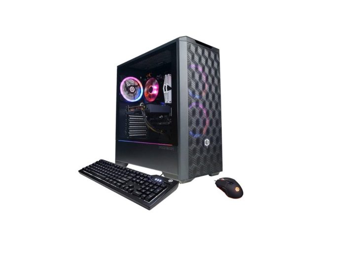 The CyberPowerPC Gamer Master Gaming Desktop alongside its mouse and keyboard.