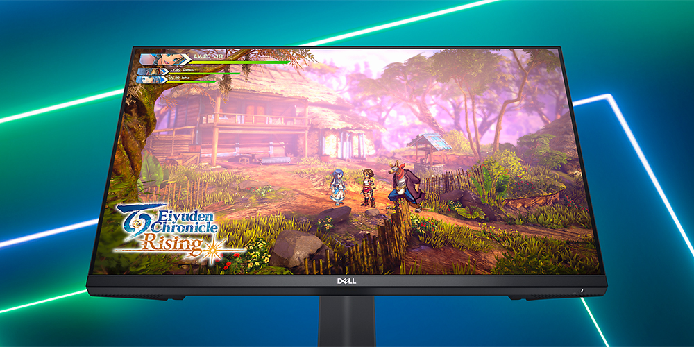 The Dell 27-inch G2723HN gaming monitor on a vibrant background displaying Eiyuden Chronicles.