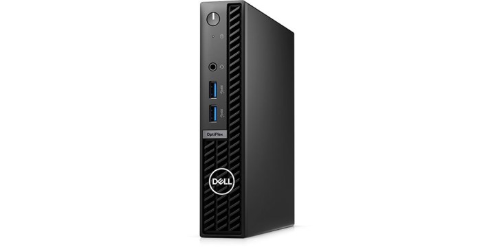 The Dell OptiPlex Micro Form Factor at a side angle on a white background.
