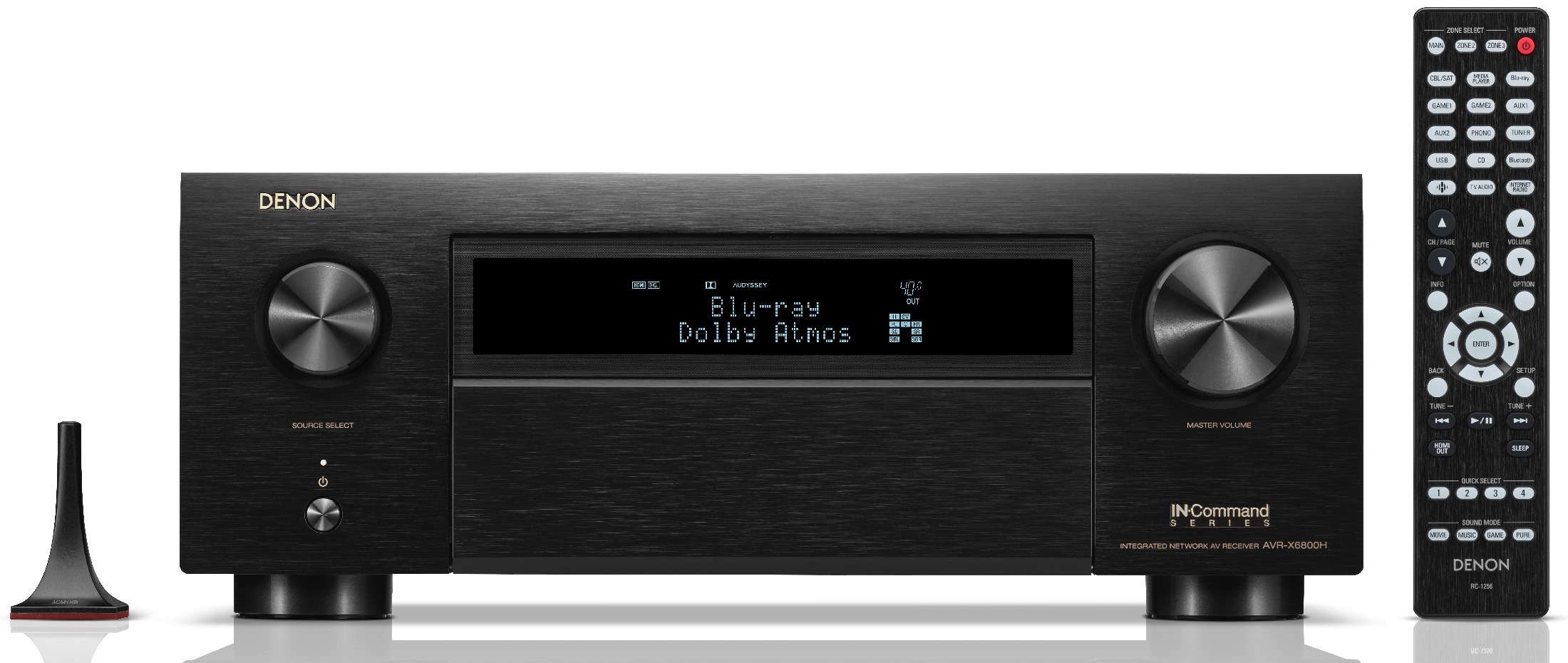 Receptor AVR AVR-X6800H de Denon con micrófono y mando a distancia.