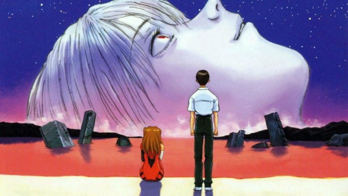 El arte clave de End of Evangelion con Asuka y Shinji mirando una cara premonitoria en ascenso.