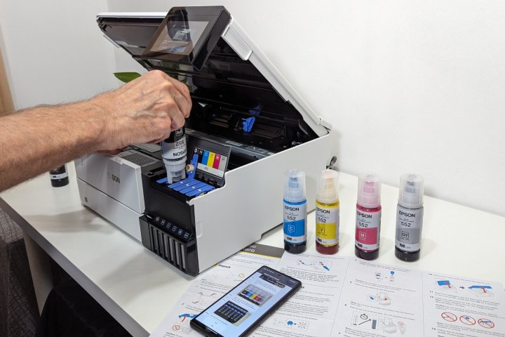 Epson's EcoTank ET-8500 uses six ink colors in large tanks, making refills rare.