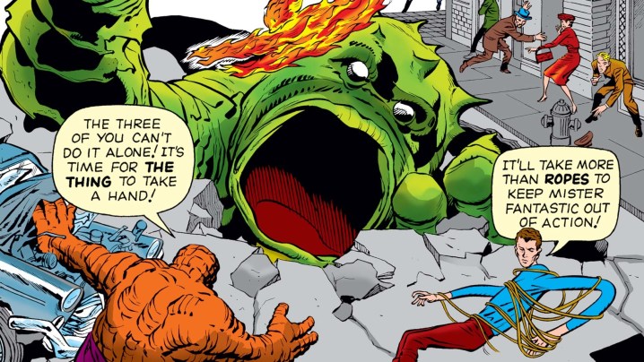 The Thing et Mister Fantastic combattant un monstre.