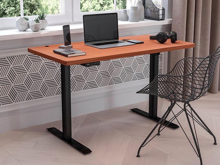 The Flash Furniture Tanner Rectangle Modern Engineered Wood Home Office Desk with a laptop in a home office.