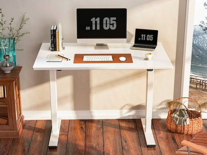A white FlexiSpot Home Office Electric Height Adjustable Desk in an office.
