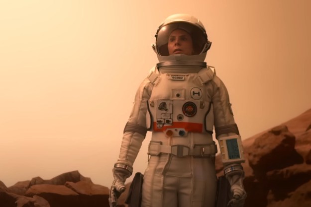 A female astronaut poses on Mars in a recruitment video from For All Mankind.