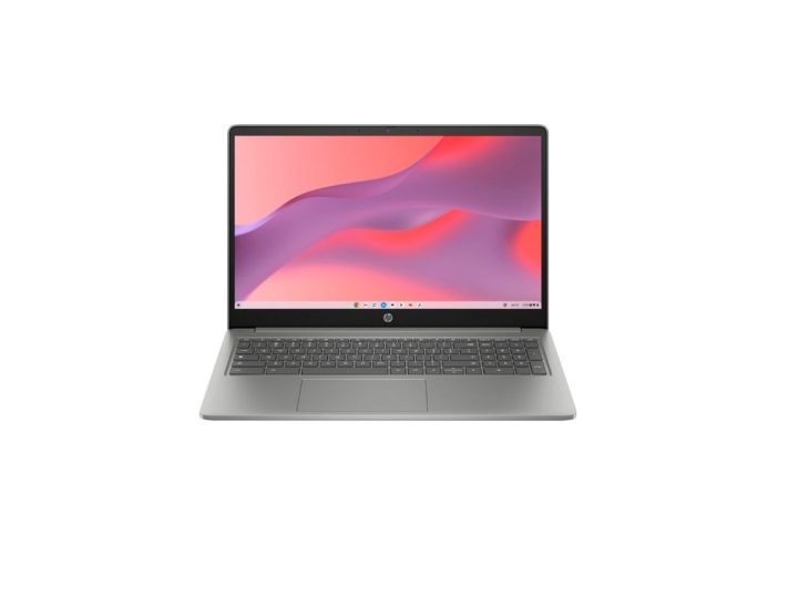 Il Chromebook HP Full HD da 15,6 pollici con uno sfondo del desktop colorato e astratto.