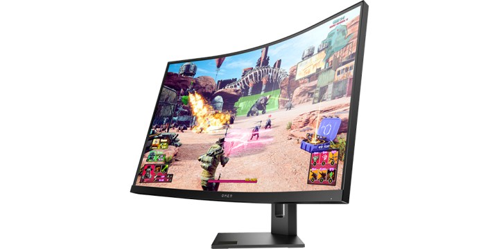 The HP Omen 27c QHD Curved Gaming Monitor at a side angle on a white background.