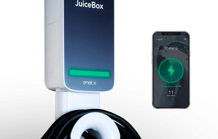 The Juicebox 32-amp EV charger with a smartphone against a white background.