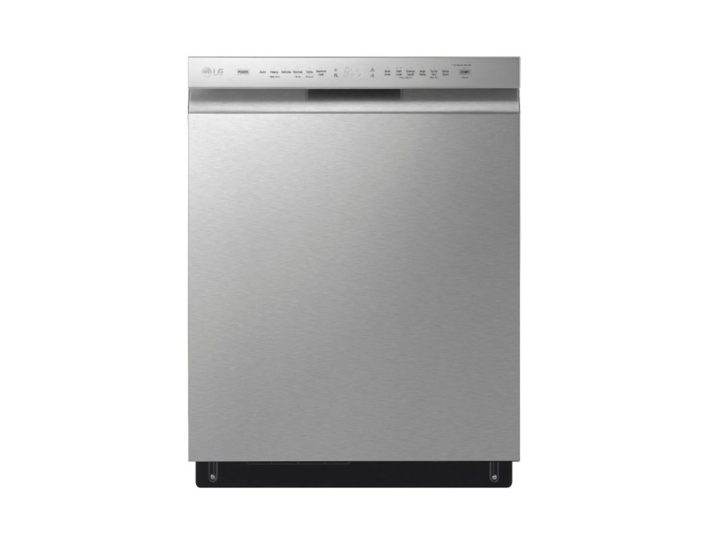 The front of the LG 24-Inch Front Control Smart Dishwasher, with its UI panel faintly visible at the top.