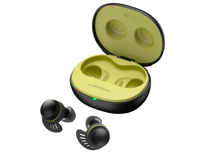 The LG Tone Free Fit wireless earbuds and their charging case,