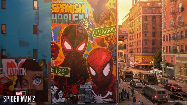 EMBARGOED FOR 9/15 8 AM PT Street art of the Spider-Men in Marvel's Spider-Man 2.