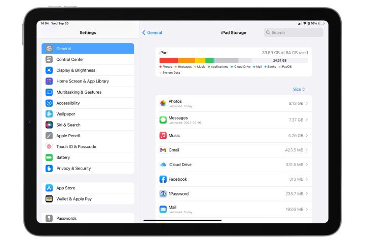 iPad mostrando la pantalla de administración de almacenamiento del iPad.