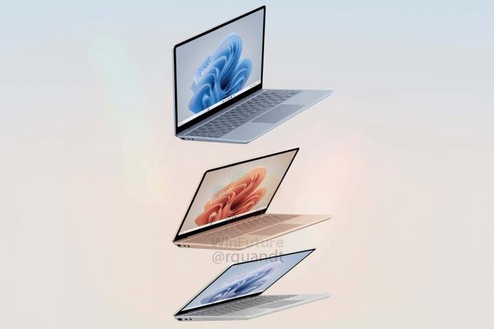 Leaked renderings of the Microsoft Surface Laptop Go 3, showing three laptops above each other.