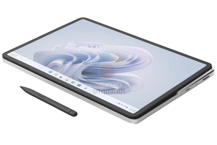 Un rendu divulgué d'un ordinateur portable Microsoft Surface Studio 2, le montrant replié avec un stylet devant lui.