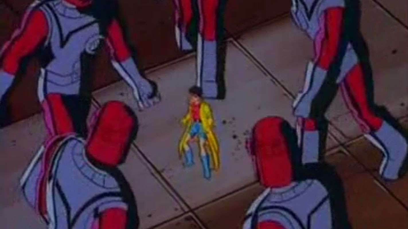 Jubileu cercado por Sentinelas na série X-Men Animated.