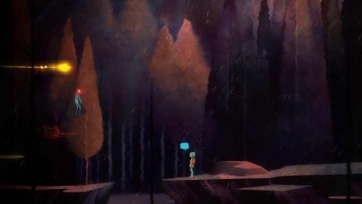 नीले बालों वाली पोनीटेल वाली किशोरी रिले एक खुली जगह के पार एक छोटी सी चट्टान पर खड़ी है। रिले के उस पार, चमकदार लाल चेहरे वाली एक भूत जैसी आकृति जमीन के ऊपर तैर रही है।