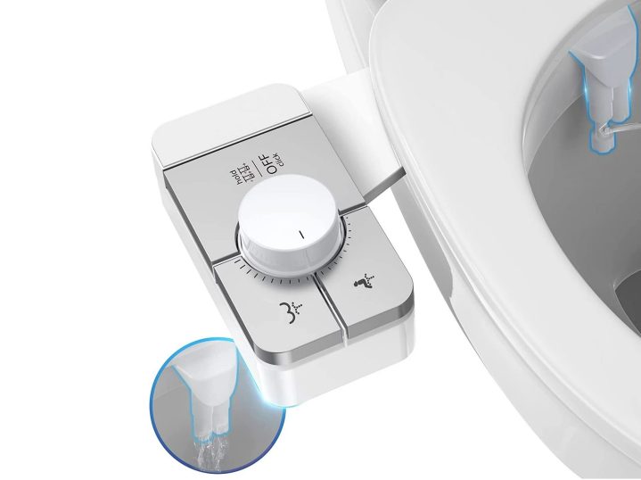 A picture of the controller and dual-nozzle bidet of the Ophanie Ultra-Slim Bidet Attachment.