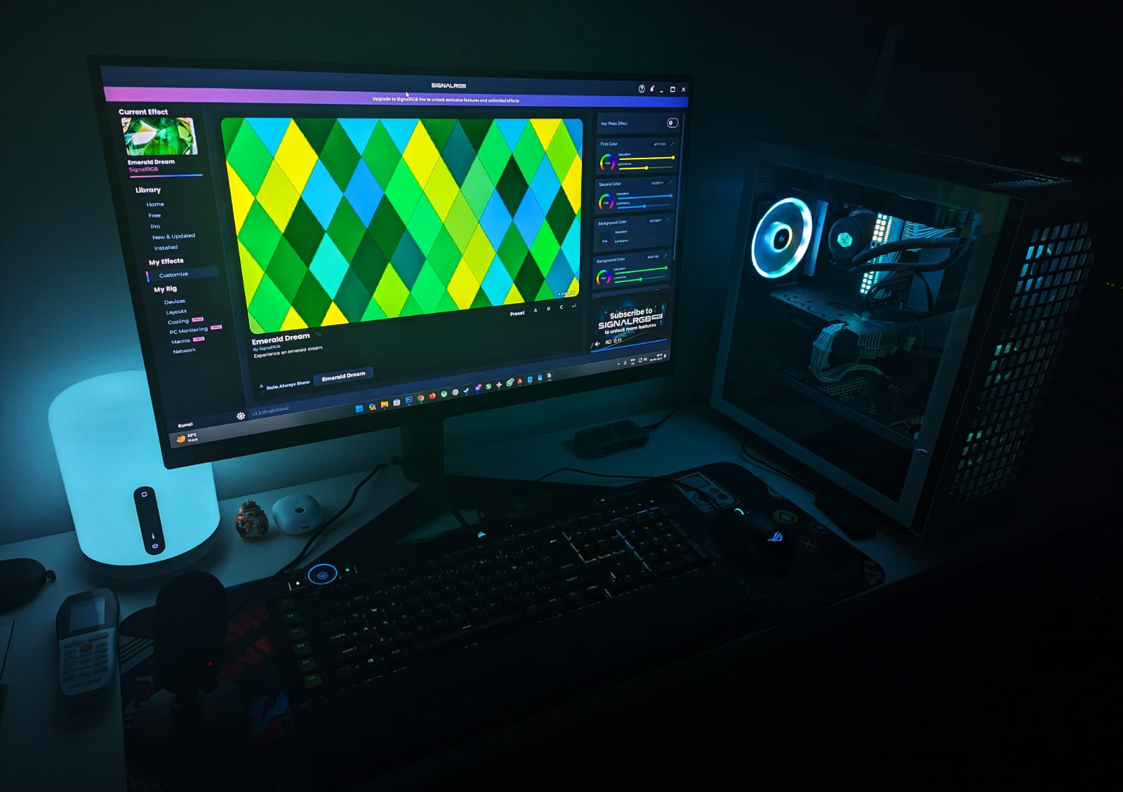 A desktop PC with RGB lights synced using SignalRGB software.