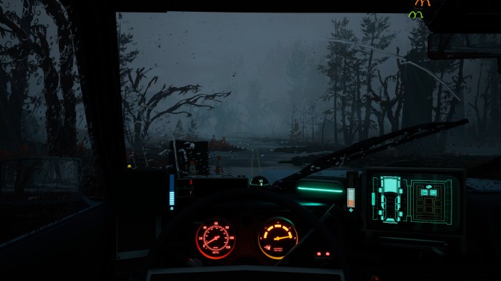 A view from the dash, overlookiing the lights into a rainy night in Pacific Drive