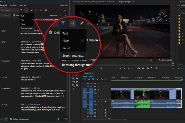 La edición basada en texto con IA de Premiere Pro puede detectar y eliminar rápidamente palabras de relleno.