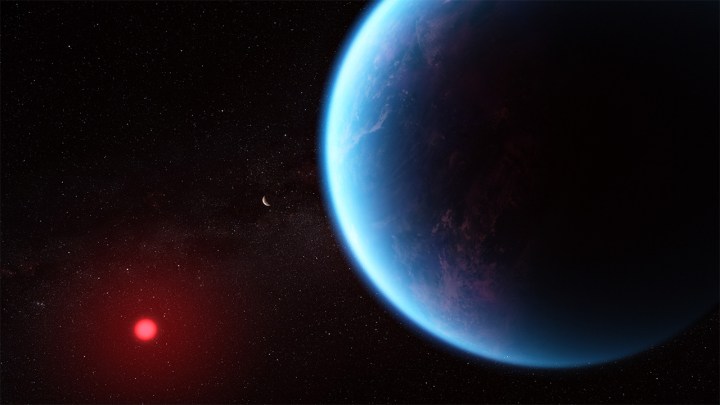 Cette illustration montre à quoi pourrait ressembler l'exoplanète K2-18 b sur la base de données scientifiques. K2-18 b, une exoplanète 8,6 fois plus massive que la Terre, orbite autour de l'étoile naine froide K2-18 dans la zone habitable et se trouve à 120 années-lumière de la Terre.