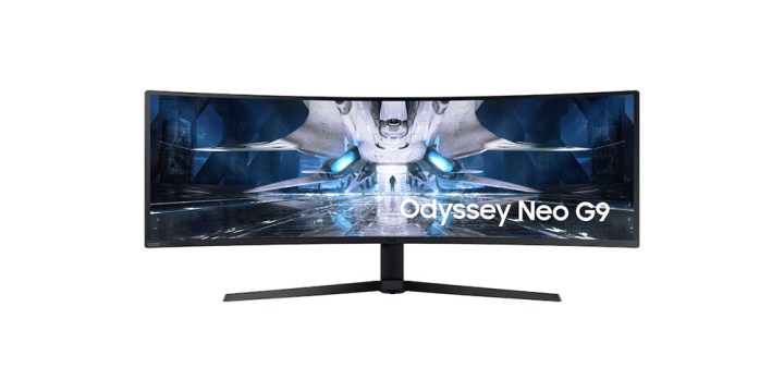 El monitor curvo para juegos Samsung Odyssey Neo G9 de 49 pulgadas sobre un fondo blanco.