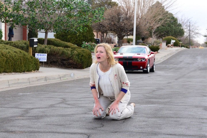 Skyler White kneels in the street in Breaking Bad season 5.