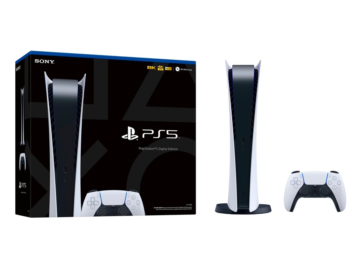 Sony PlayStation 5 डिजिटल संस्करण और सफेद पृष्ठभूमि पर पैकेजिंग।