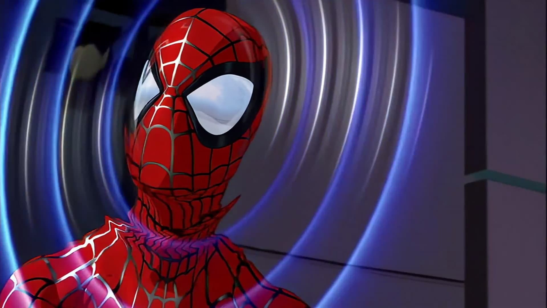Sonar-like rings emanate from Spider-Man indicating his spidey-sense tingling.