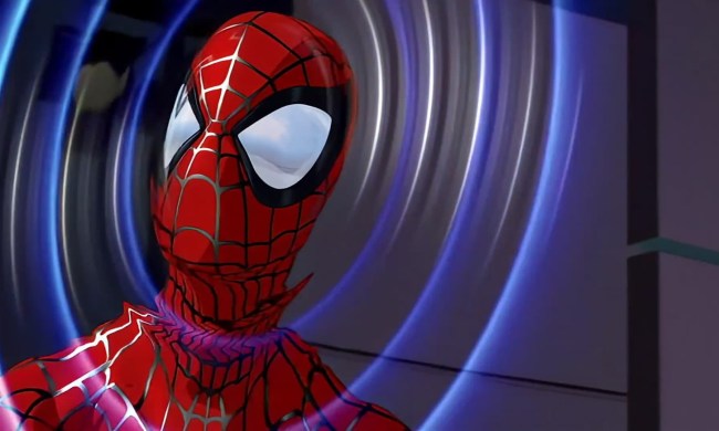Sonar-like rings emanate from Spider-Man indicating his spidey-sense tingling.