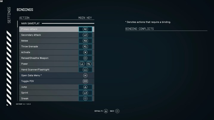 The button settings in Starfield with ps5 buttons.