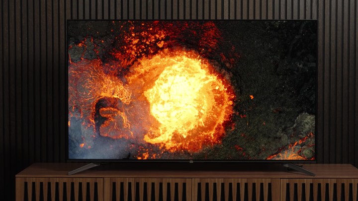A scene of molten lava displayed on a TCL Q7 TV.