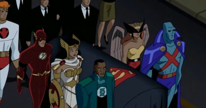 Лига Справедливости на похоронах Супермена в "Лига Справедливости."
