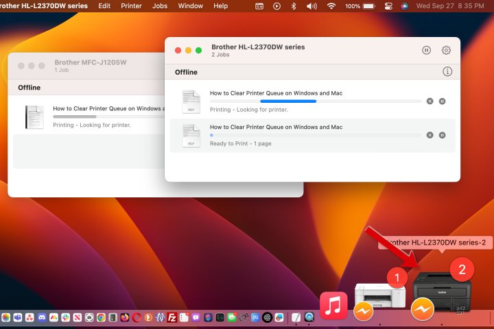 The Mac shows each printer queue as a dock icon.