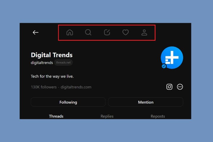 Пять основных значков тем над страницей профиля тем Digital Trends Threads.