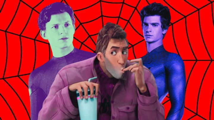 Blended image showing Tom Holland, Jake Johnson, and Andrew Garfield as Spider-Man against the background of a red and <a href='https://www.martinstees.com/weather-tshirt' target='_blank'>black</a> spider’s web.”><figcaption id=