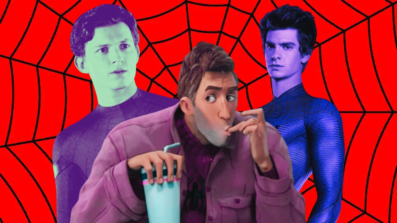 Blended image showing Tom Holland, Jake Johnson, and Andrew Garfield as Spider-Man against the background of a red and black spider's web.