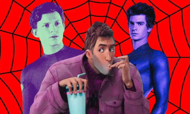 Blended image showing Tom Holland, Jake Johnson, and Andrew Garfield as Spider-Man against the background of a red and black spider's web.
