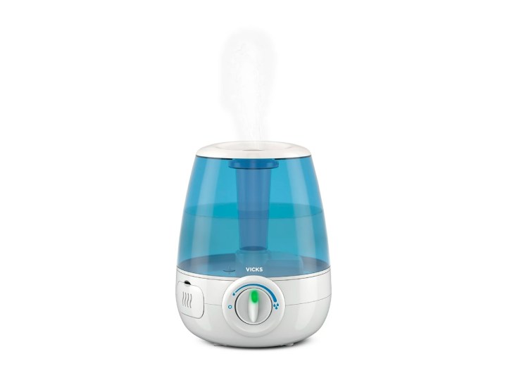 The Vicks 1.2-gallon humidifier blowing mist against a white background.